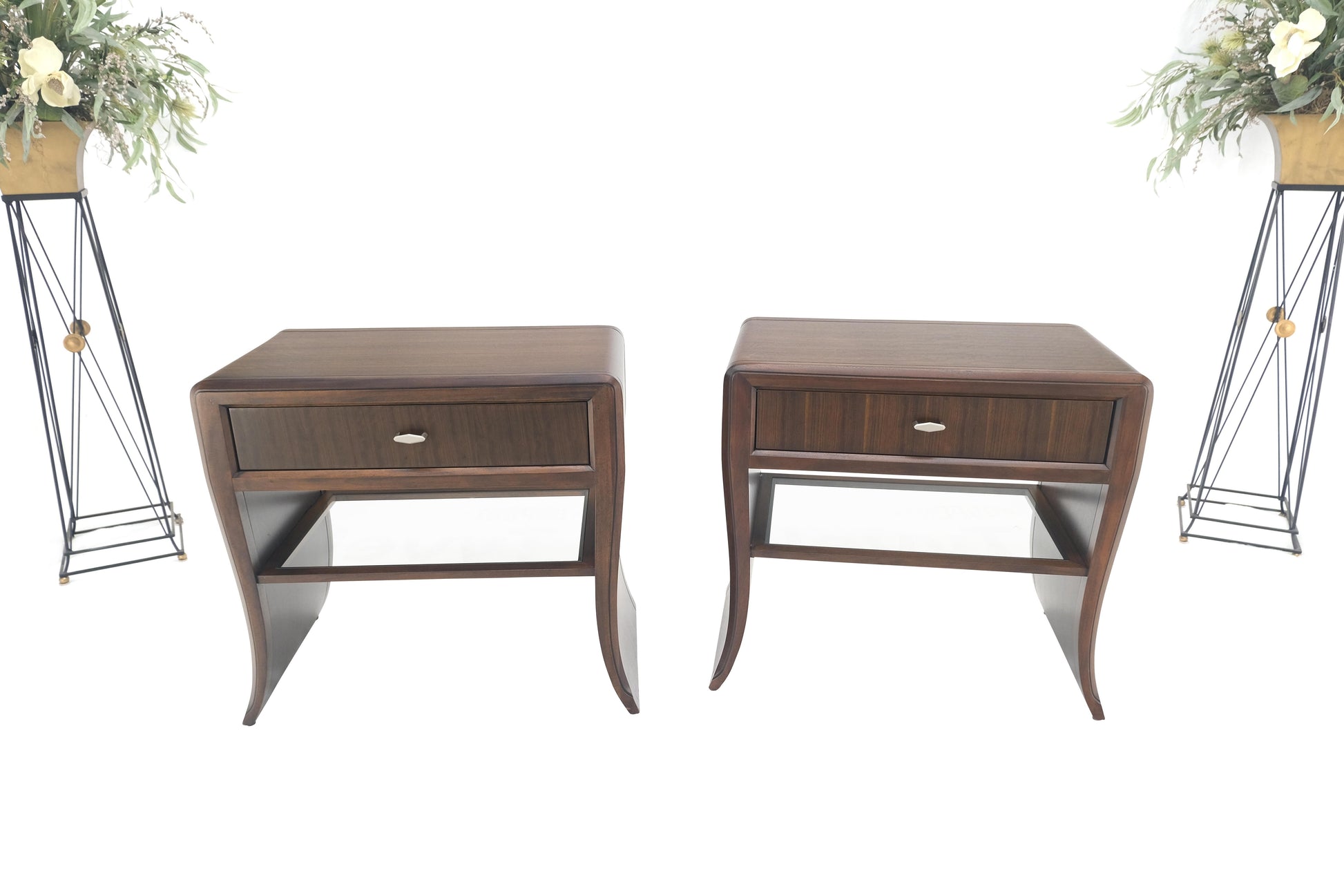 EstablishedLines Pair Century Walnut Waterfall Brand New Old Stock Two Tier Night Tables Stands
