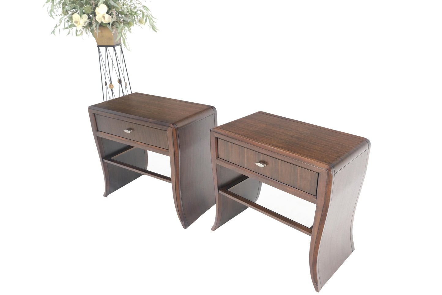EstablishedLines Pair Century Walnut Waterfall Brand New Old Stock Two Tier Night Tables Stands