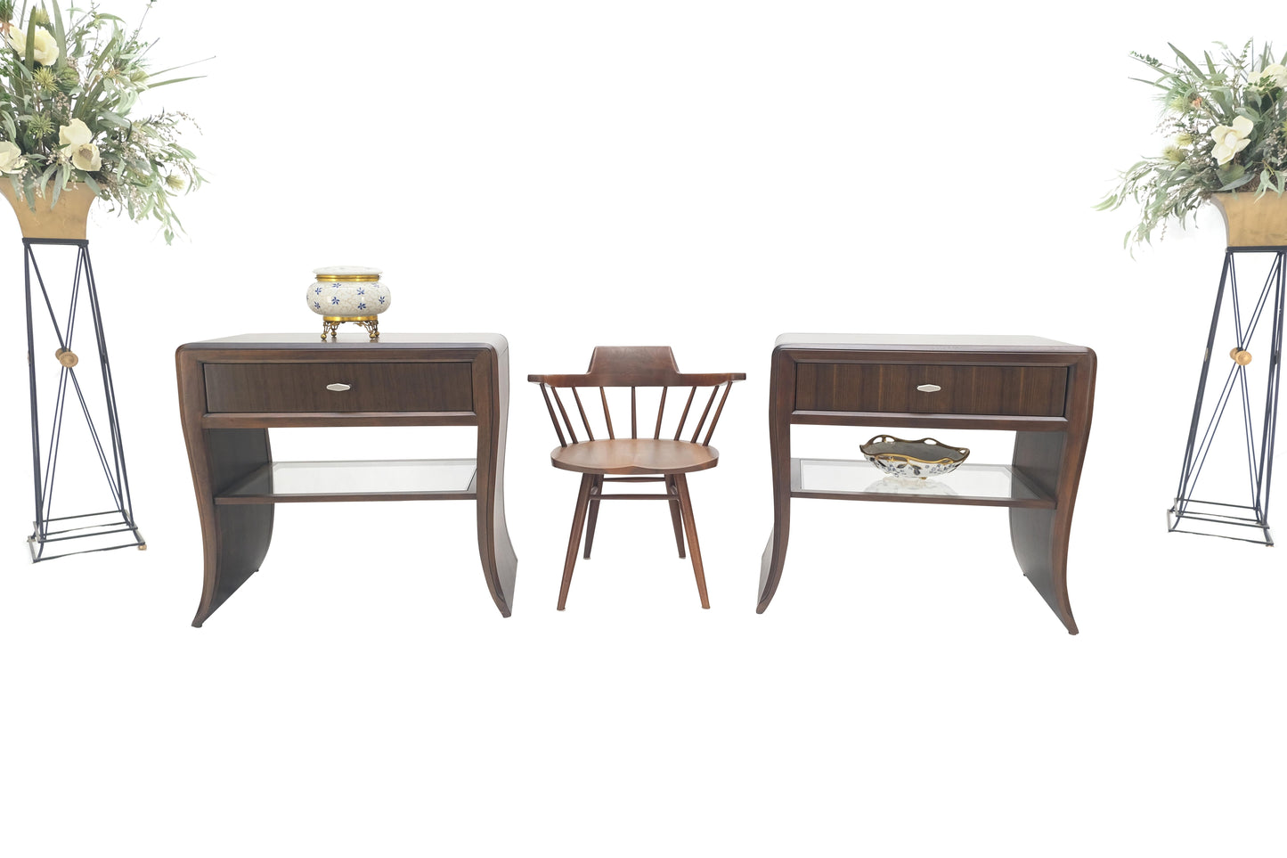 EstablishedLines Pair Century Walnut Waterfall Brand New Old Stock Two Tier Night Tables Stands