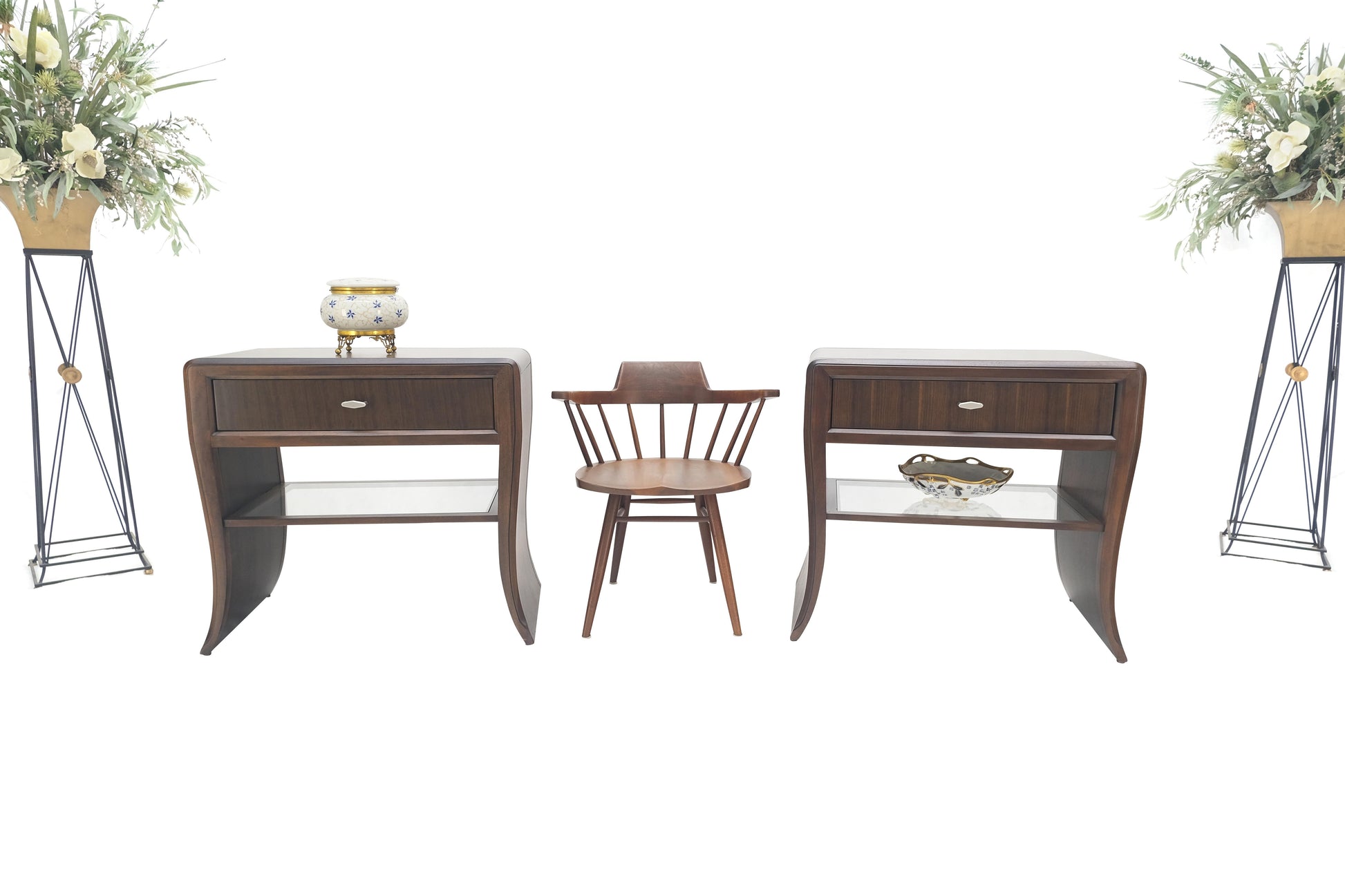 EstablishedLines Pair Century Walnut Waterfall Brand New Old Stock Two Tier Night Tables Stands