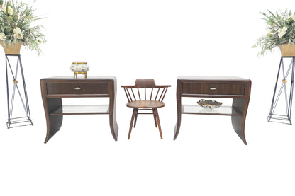 EstablishedLines Pair Century Walnut Waterfall Brand New Old Stock Two Tier Night Tables Stands