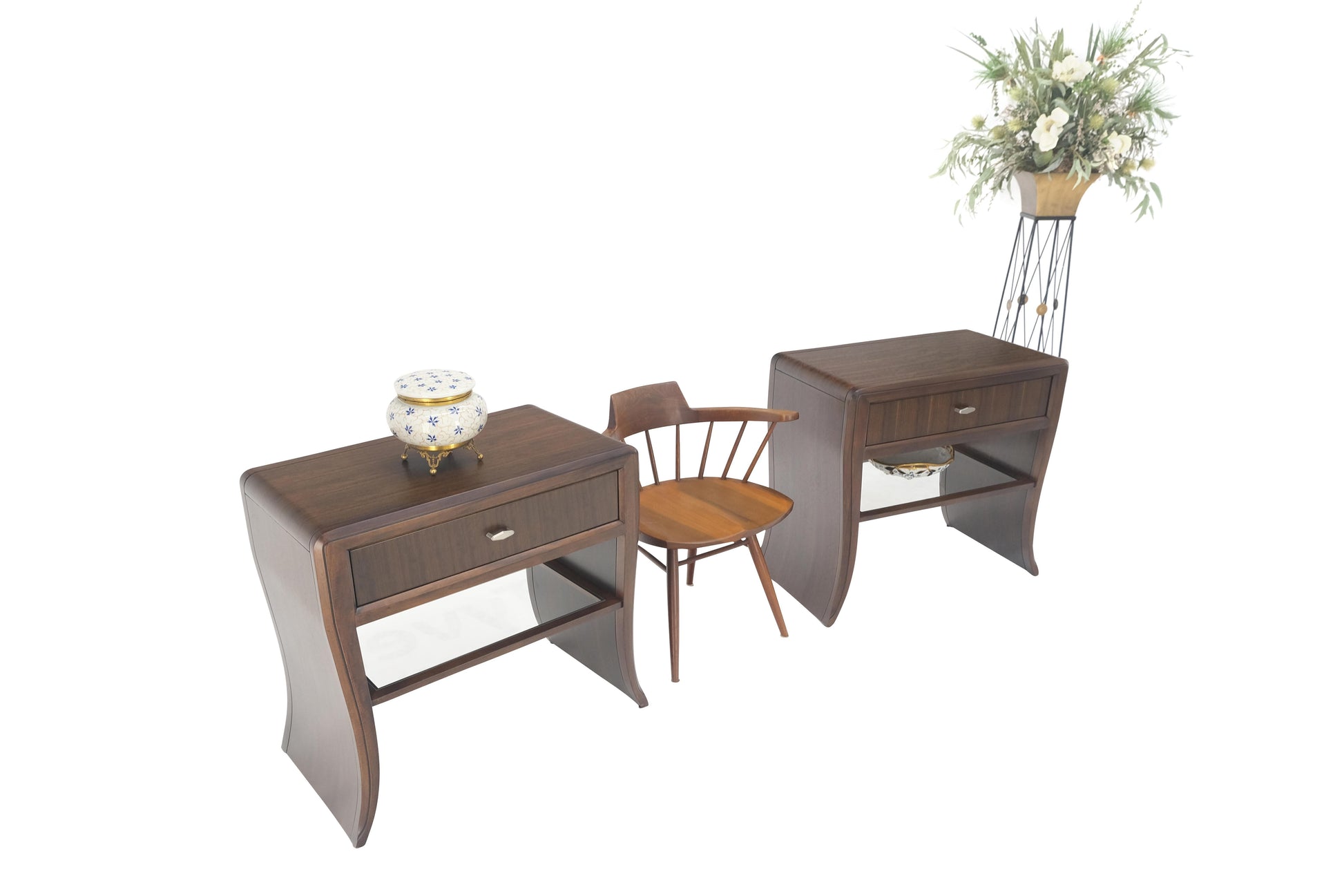 EstablishedLines Pair Century Walnut Waterfall Brand New Old Stock Two Tier Night Tables Stands