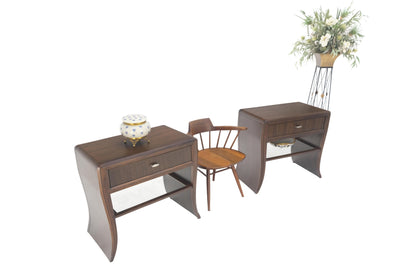 EstablishedLines Pair Century Walnut Waterfall Brand New Old Stock Two Tier Night Tables Stands