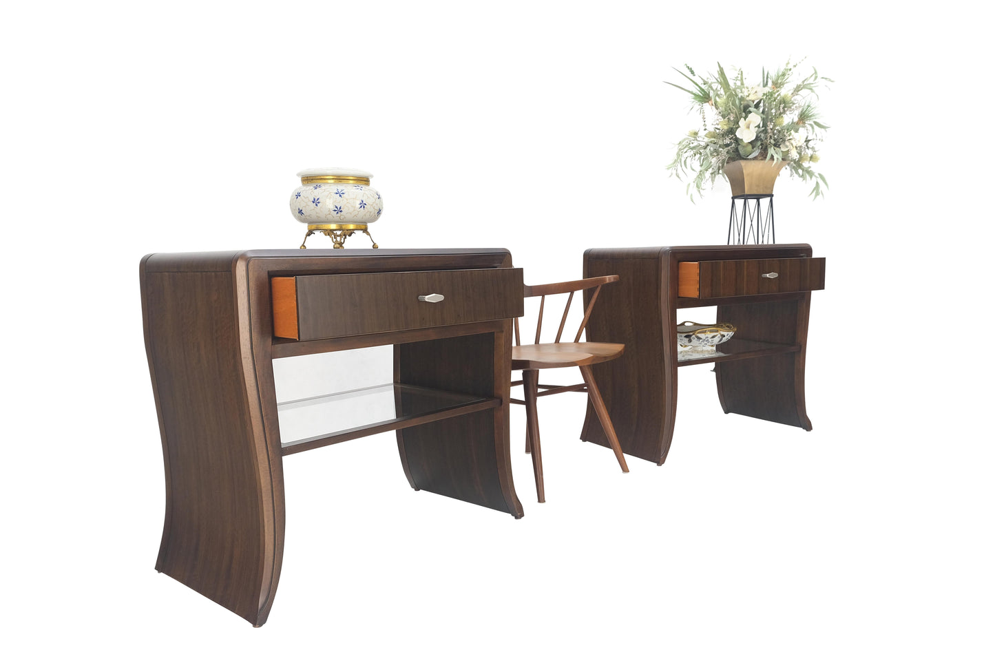 EstablishedLines Pair Century Walnut Waterfall Brand New Old Stock Two Tier Night Tables Stands