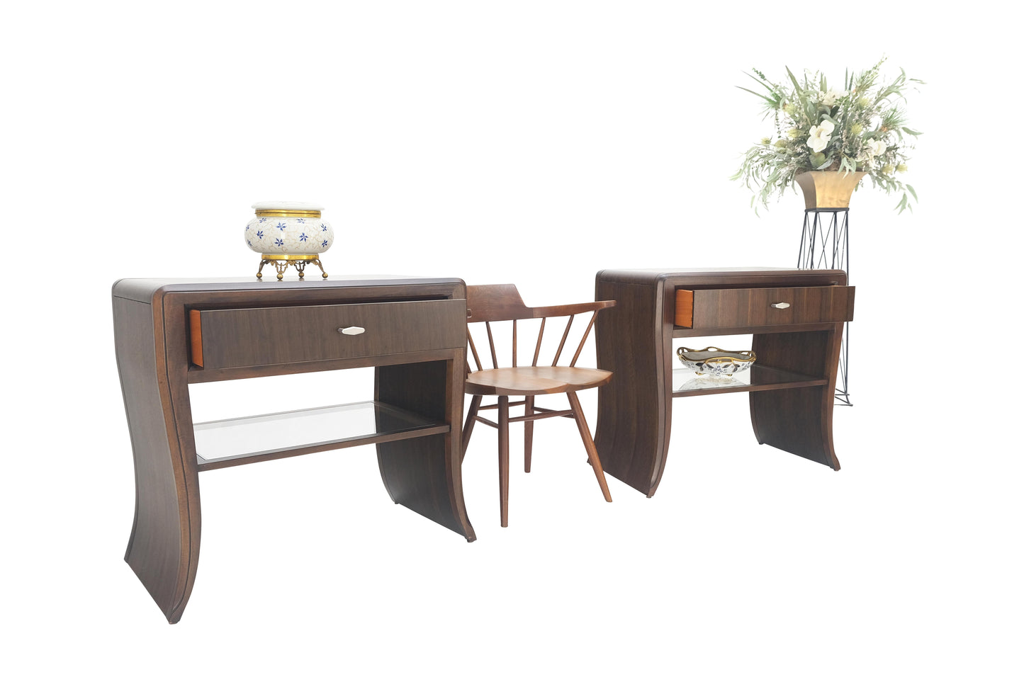 EstablishedLines Pair Century Walnut Waterfall Brand New Old Stock Two Tier Night Tables Stands