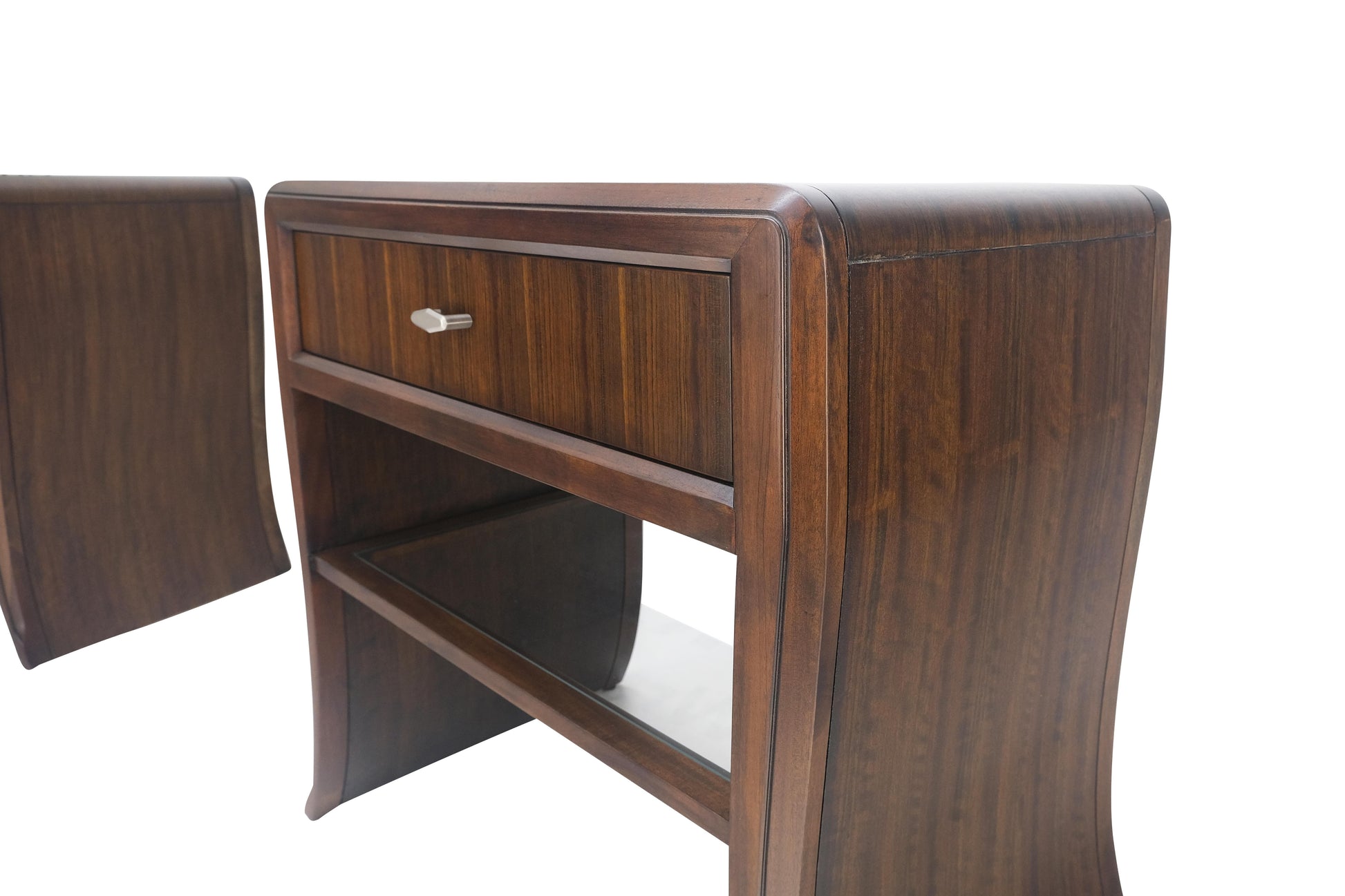 EstablishedLines Pair Century Walnut Waterfall Brand New Old Stock Two Tier Night Tables Stands