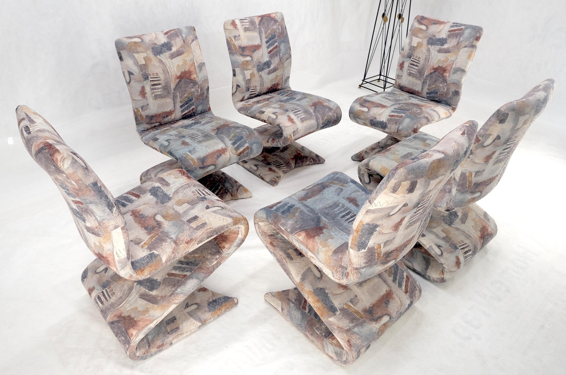 EstablishedLines Set of 6 S Shape Curved Abstract Upholstery Baughman Style Dining Chairs MINT