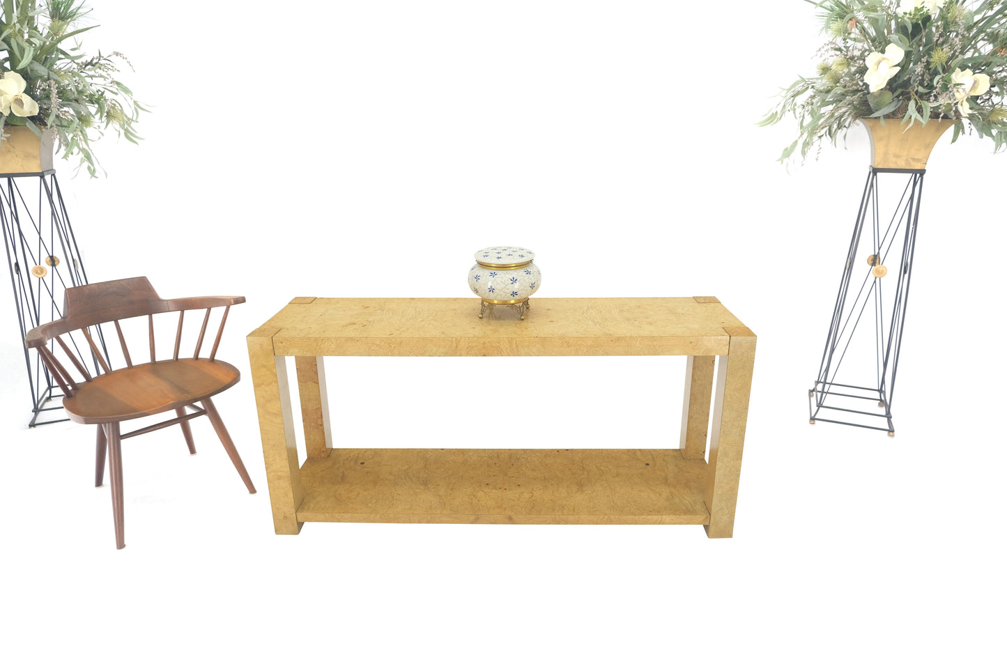 EstablishedLines Mid Century Burl Wood Two Tier long Rectangle Console Sofa Hall Table MINT!
