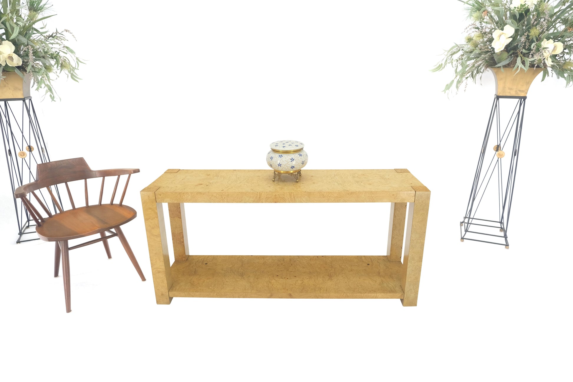 EstablishedLines Mid Century Burl Wood Two Tier long Rectangle Console Sofa Hall Table MINT!
