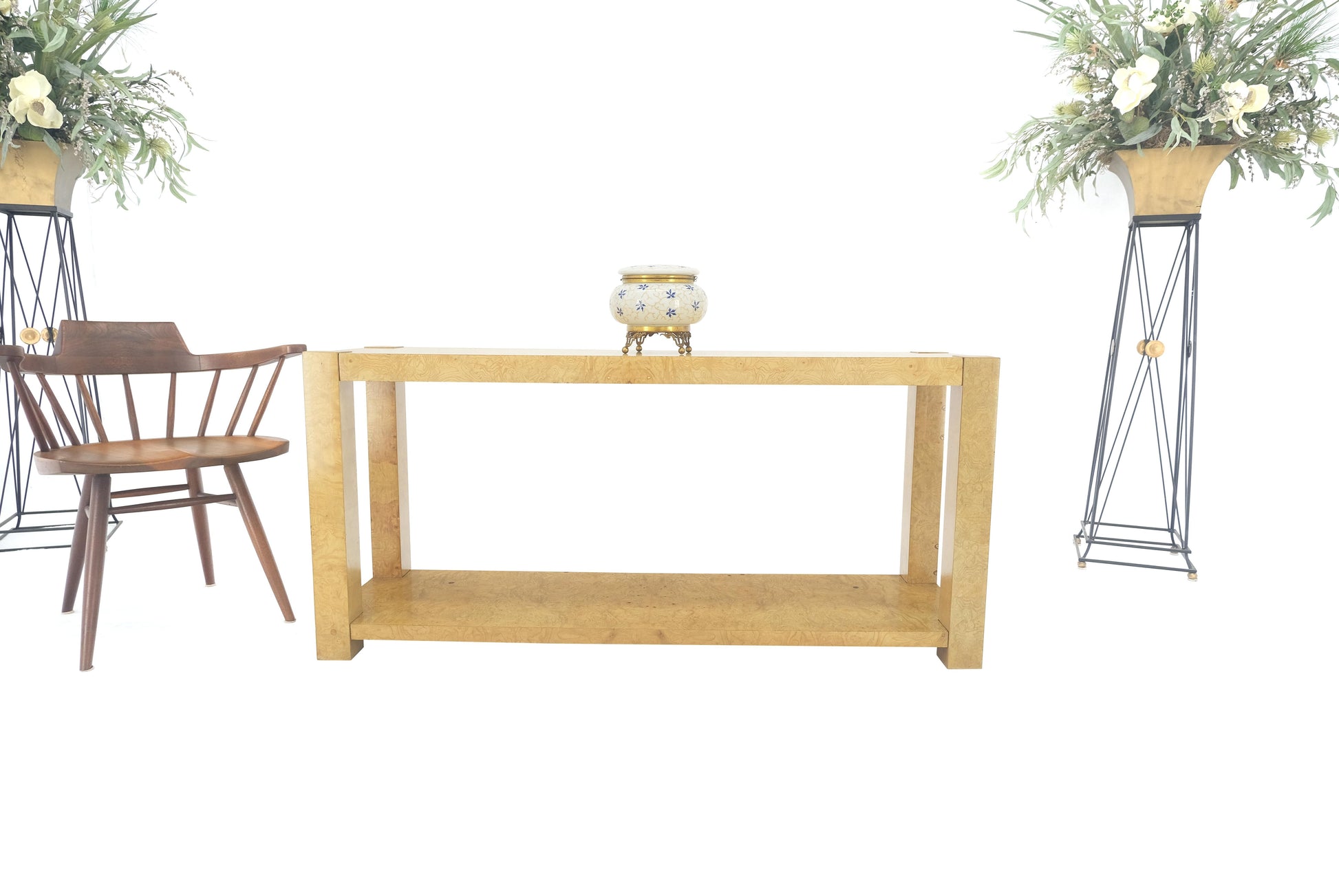 EstablishedLines Mid Century Burl Wood Two Tier long Rectangle Console Sofa Hall Table MINT!