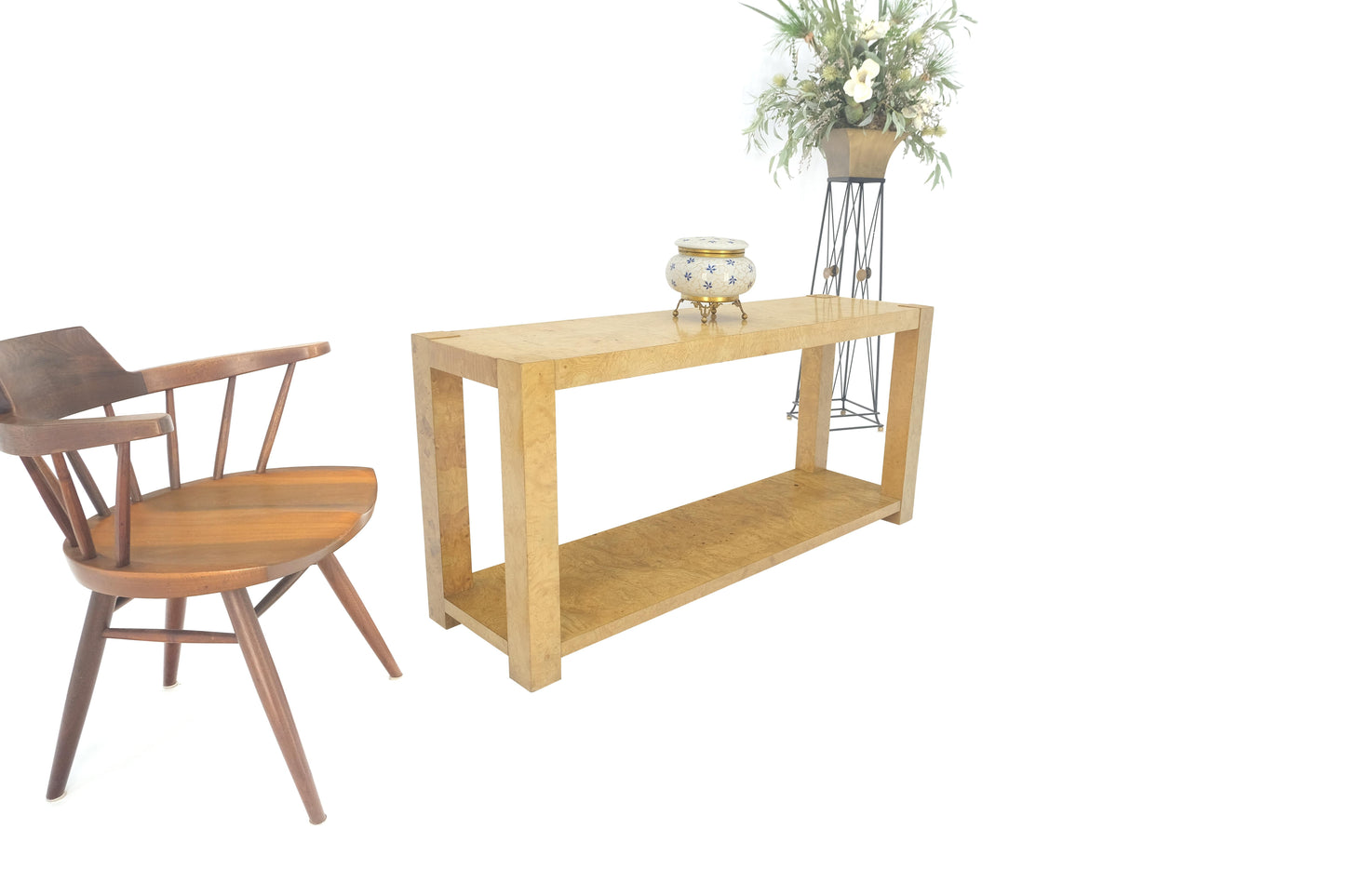 EstablishedLines Mid Century Burl Wood Two Tier long Rectangle Console Sofa Hall Table MINT!