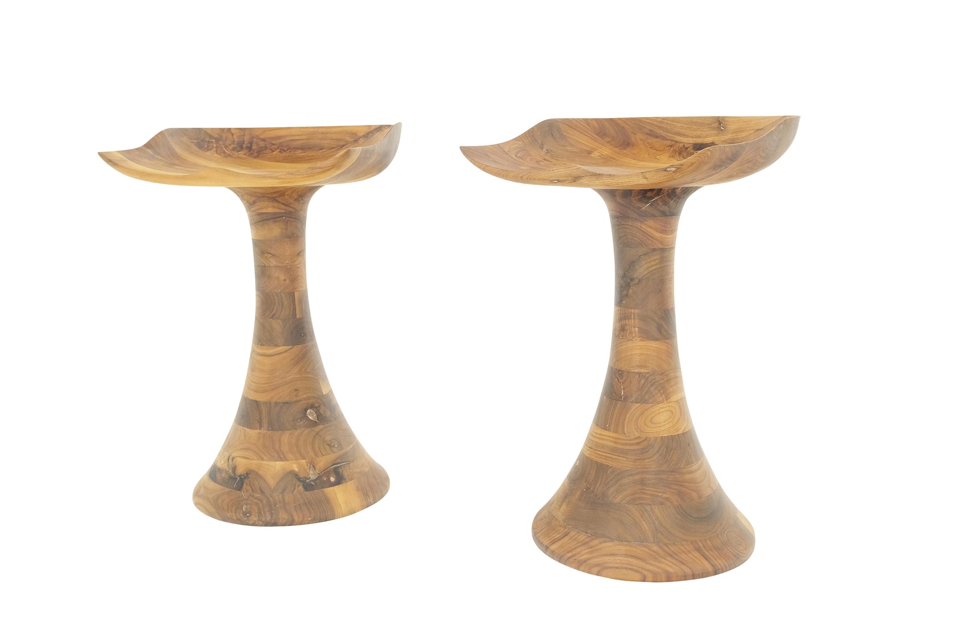 EstablishedLines Turned Bases Carved Seat Solid Oiled Walnut Bar Stools  MINT!