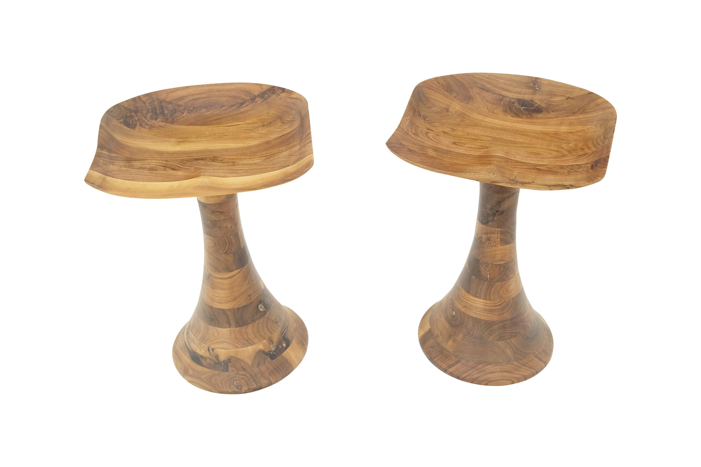 EstablishedLines Turned Bases Carved Seat Solid Oiled Walnut Bar Stools  MINT!