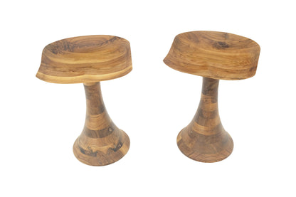 EstablishedLines Turned Bases Carved Seat Solid Oiled Walnut Bar Stools  MINT!