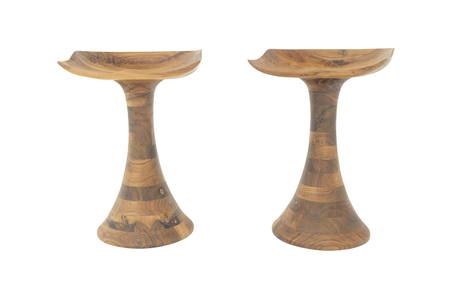 EstablishedLines Turned Bases Carved Seat Solid Oiled Walnut Bar Stools  MINT!