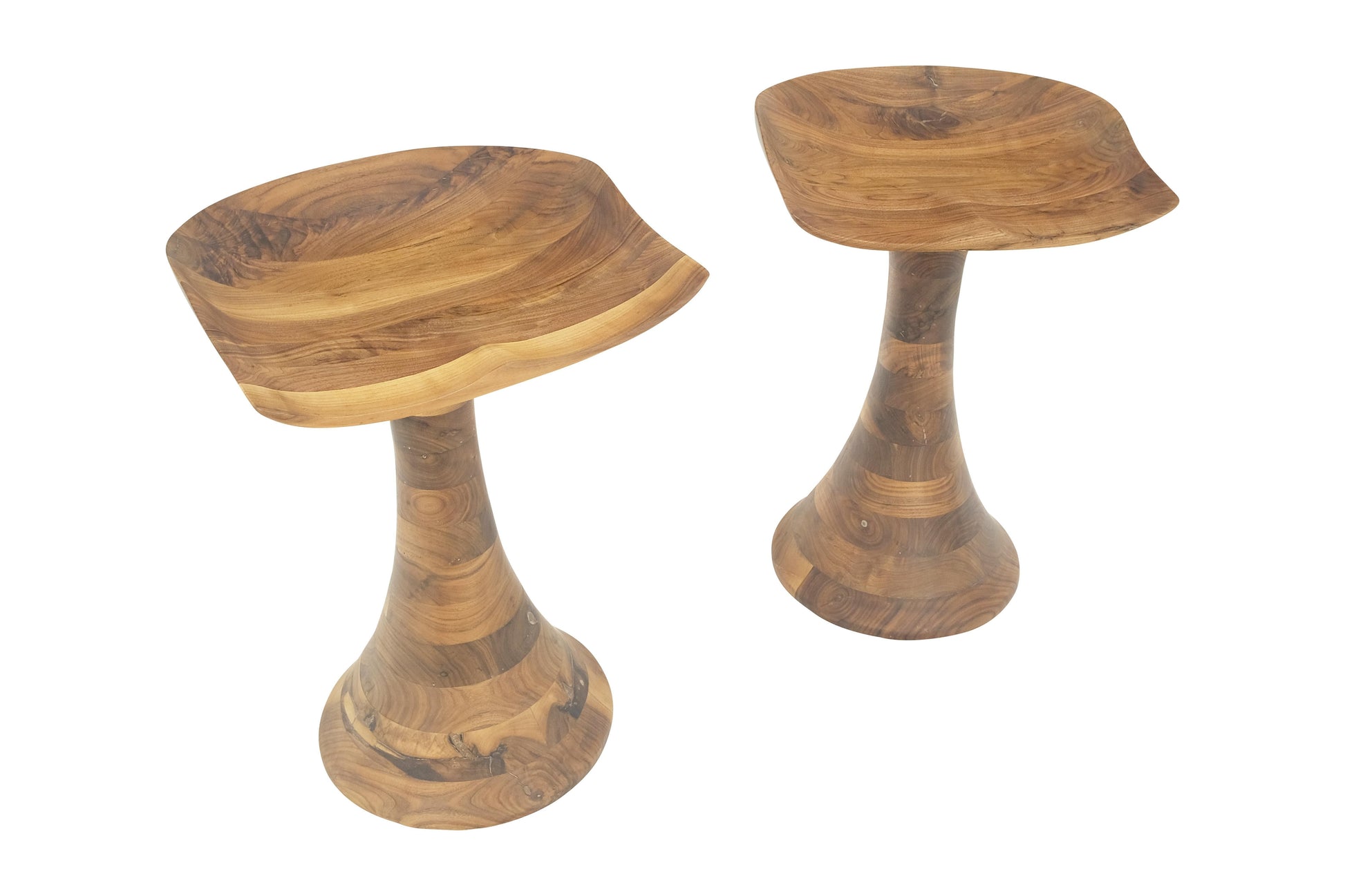 EstablishedLines Turned Bases Carved Seat Solid Oiled Walnut Bar Stools  MINT!
