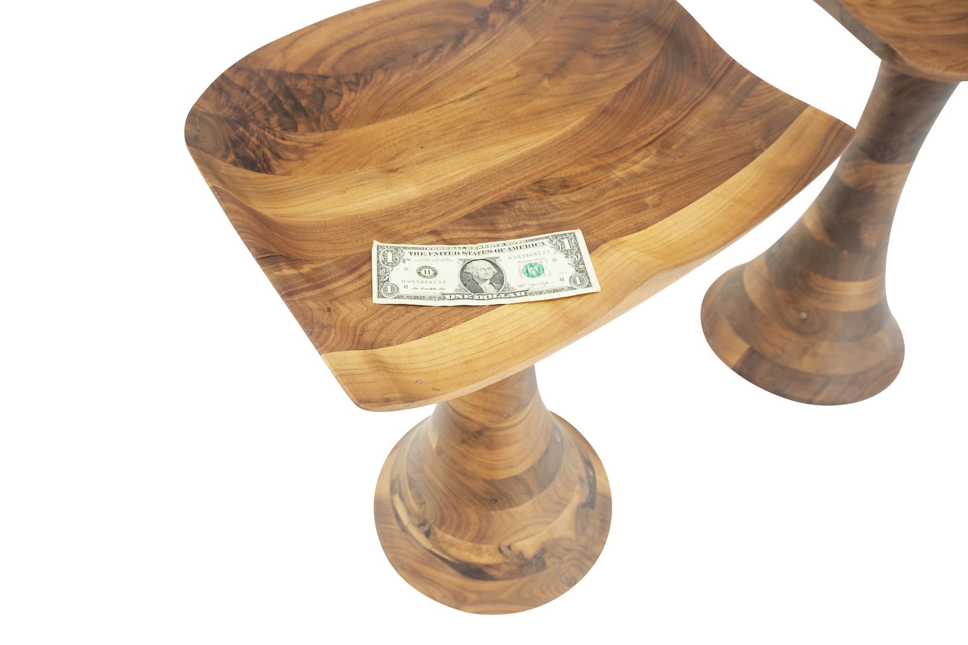 EstablishedLines Turned Bases Carved Seat Solid Oiled Walnut Bar Stools  MINT!