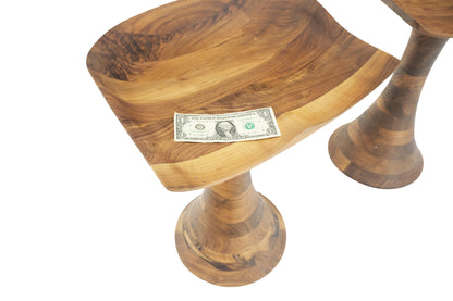 EstablishedLines Turned Bases Carved Seat Solid Oiled Walnut Bar Stools  MINT!