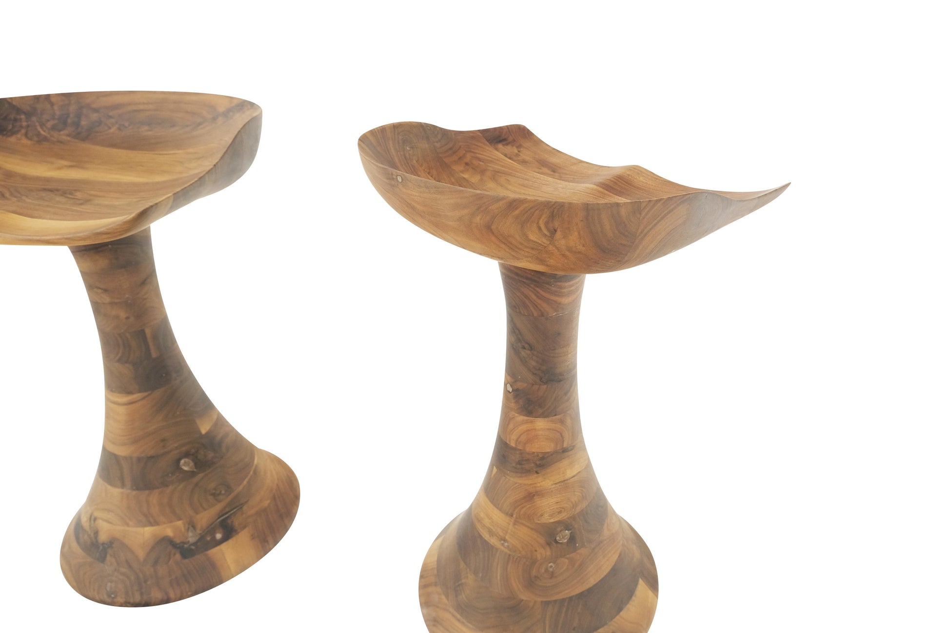 EstablishedLines Turned Bases Carved Seat Solid Oiled Walnut Bar Stools  MINT!
