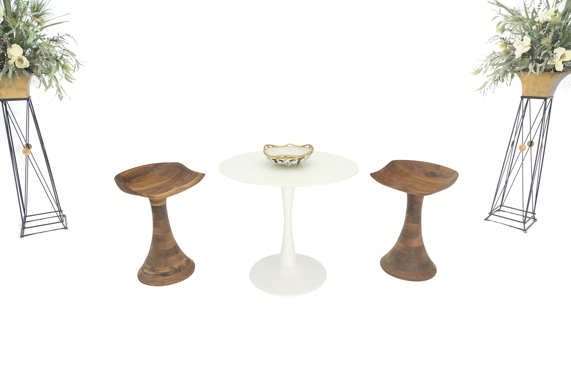 EstablishedLines Turned Bases Carved Seat Solid Oiled Walnut Bar Stools  MINT!