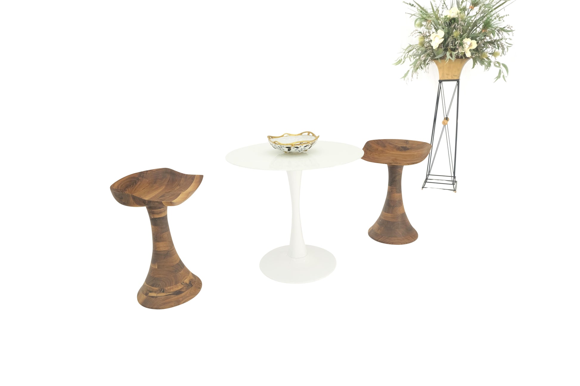 EstablishedLines Turned Bases Carved Seat Solid Oiled Walnut Bar Stools  MINT!