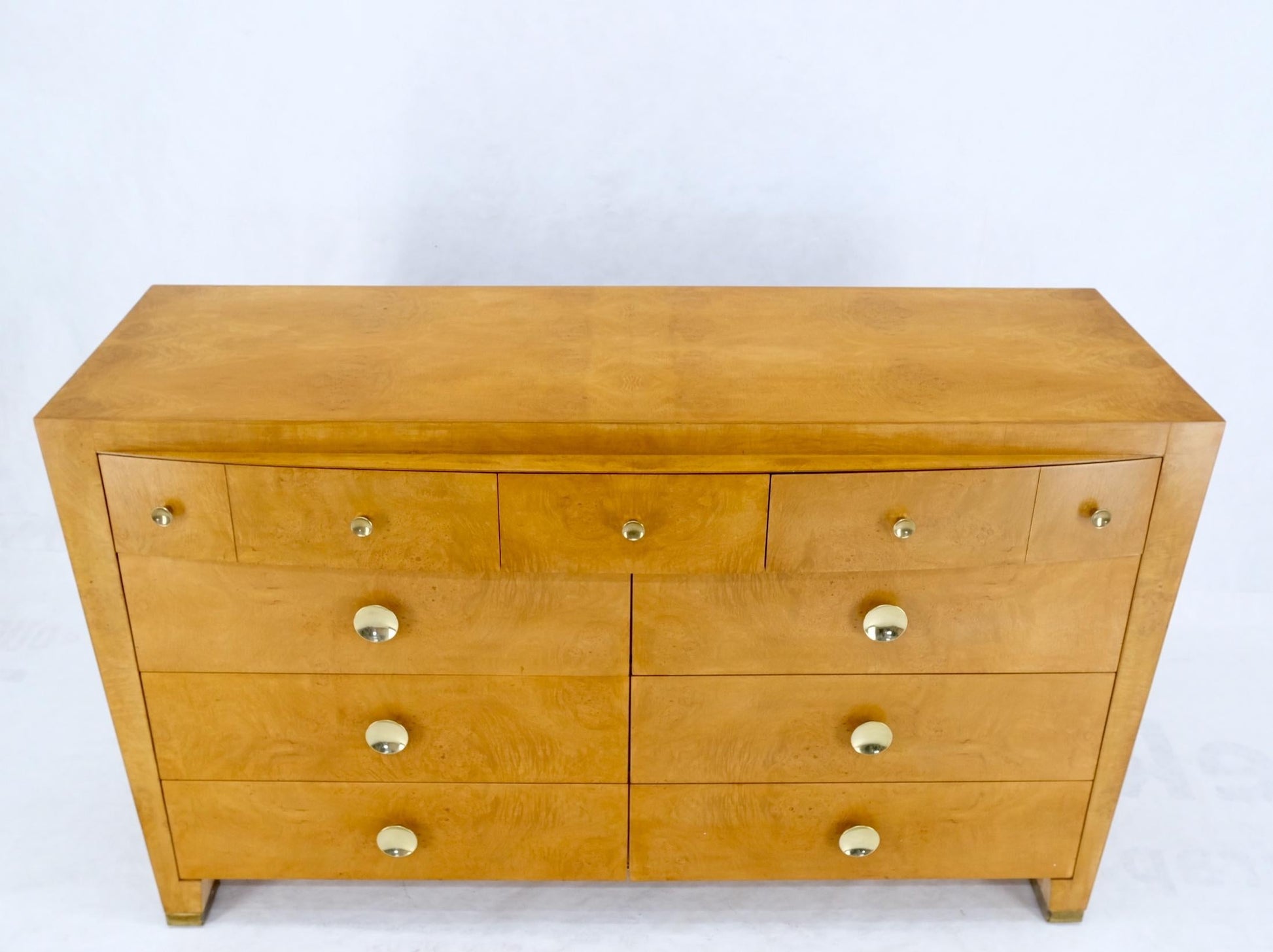 EstablishedLines 9 Drawers Art Deco Mid-Century Modern Burl Wood Bow Front Dresser Brass Pulls
