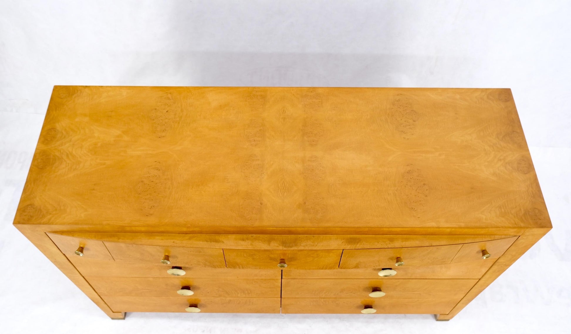 EstablishedLines 9 Drawers Art Deco Mid-Century Modern Burl Wood Bow Front Dresser Brass Pulls