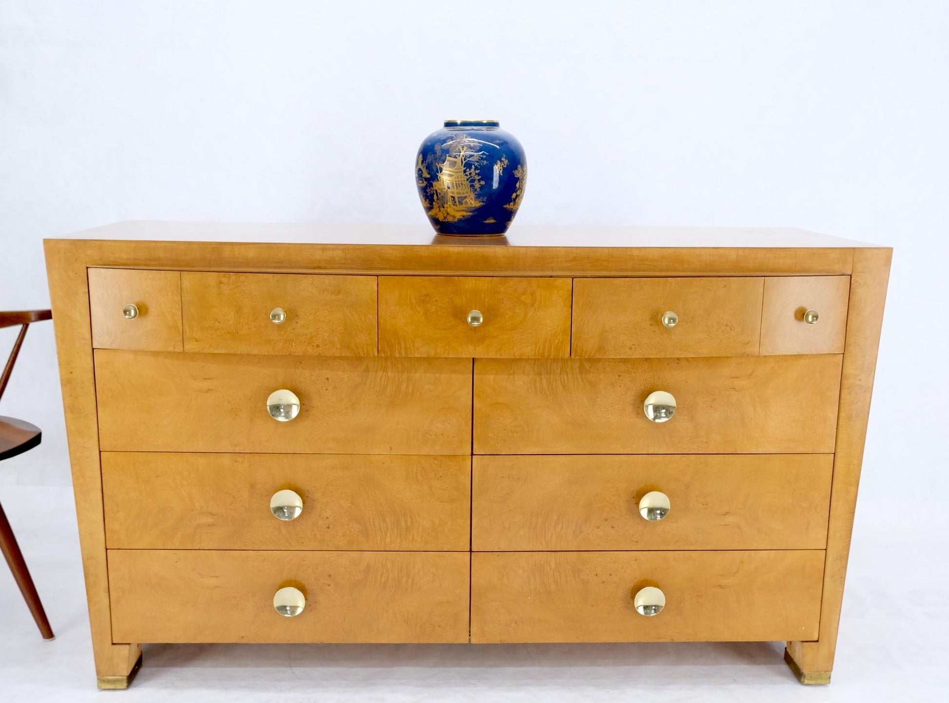 EstablishedLines 9 Drawers Art Deco Mid-Century Modern Burl Wood Bow Front Dresser Brass Pulls