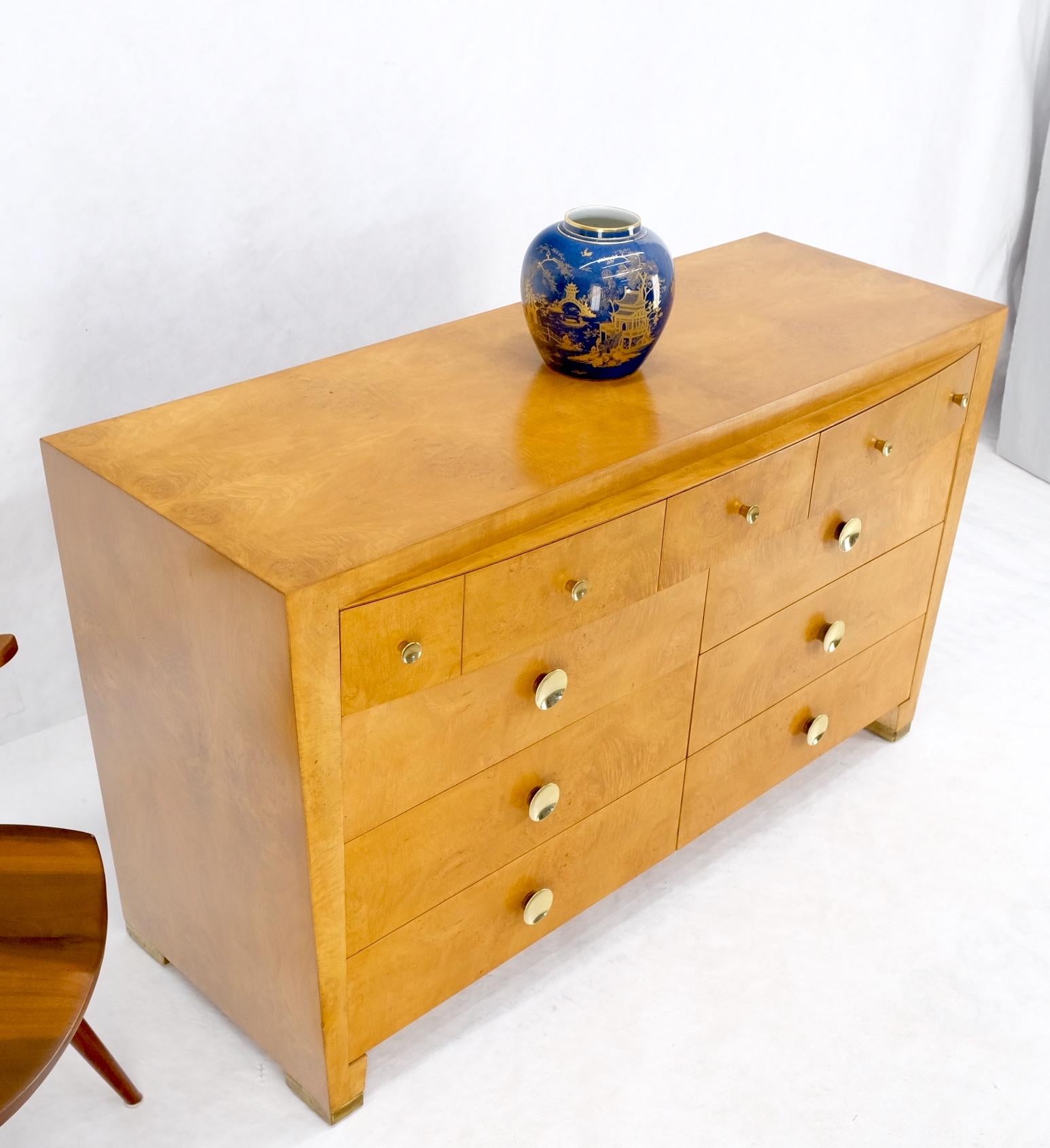 EstablishedLines 9 Drawers Art Deco Mid-Century Modern Burl Wood Bow Front Dresser Brass Pulls