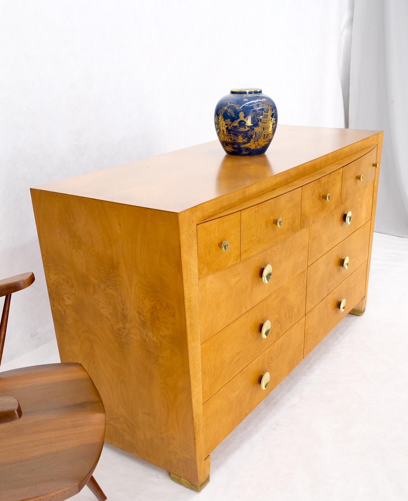 EstablishedLines 9 Drawers Art Deco Mid-Century Modern Burl Wood Bow Front Dresser Brass Pulls