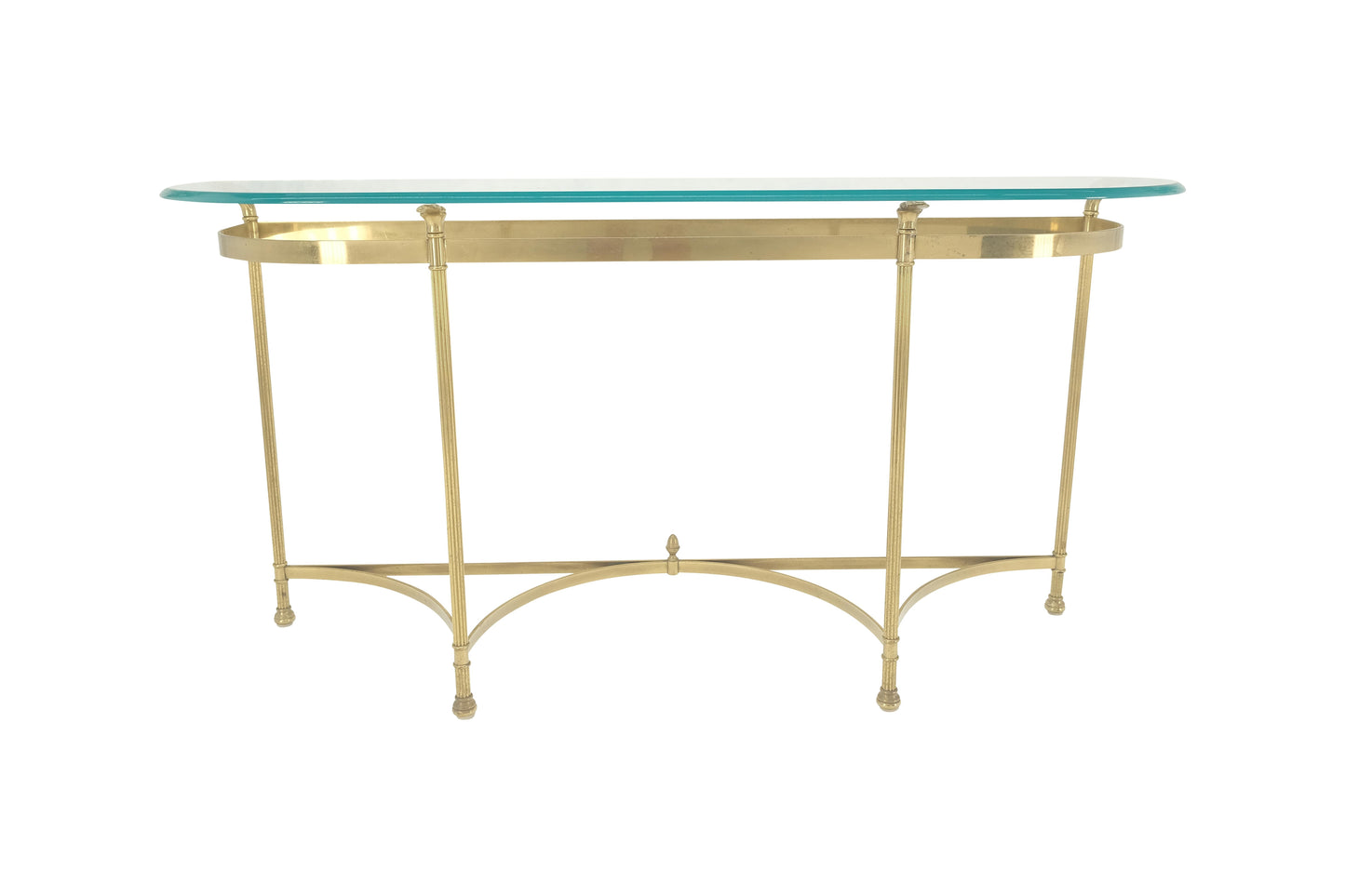 EstablishedLines Italian Modern Solid Brass Base Demi Lune Shape Glass Top Console Sofa Table