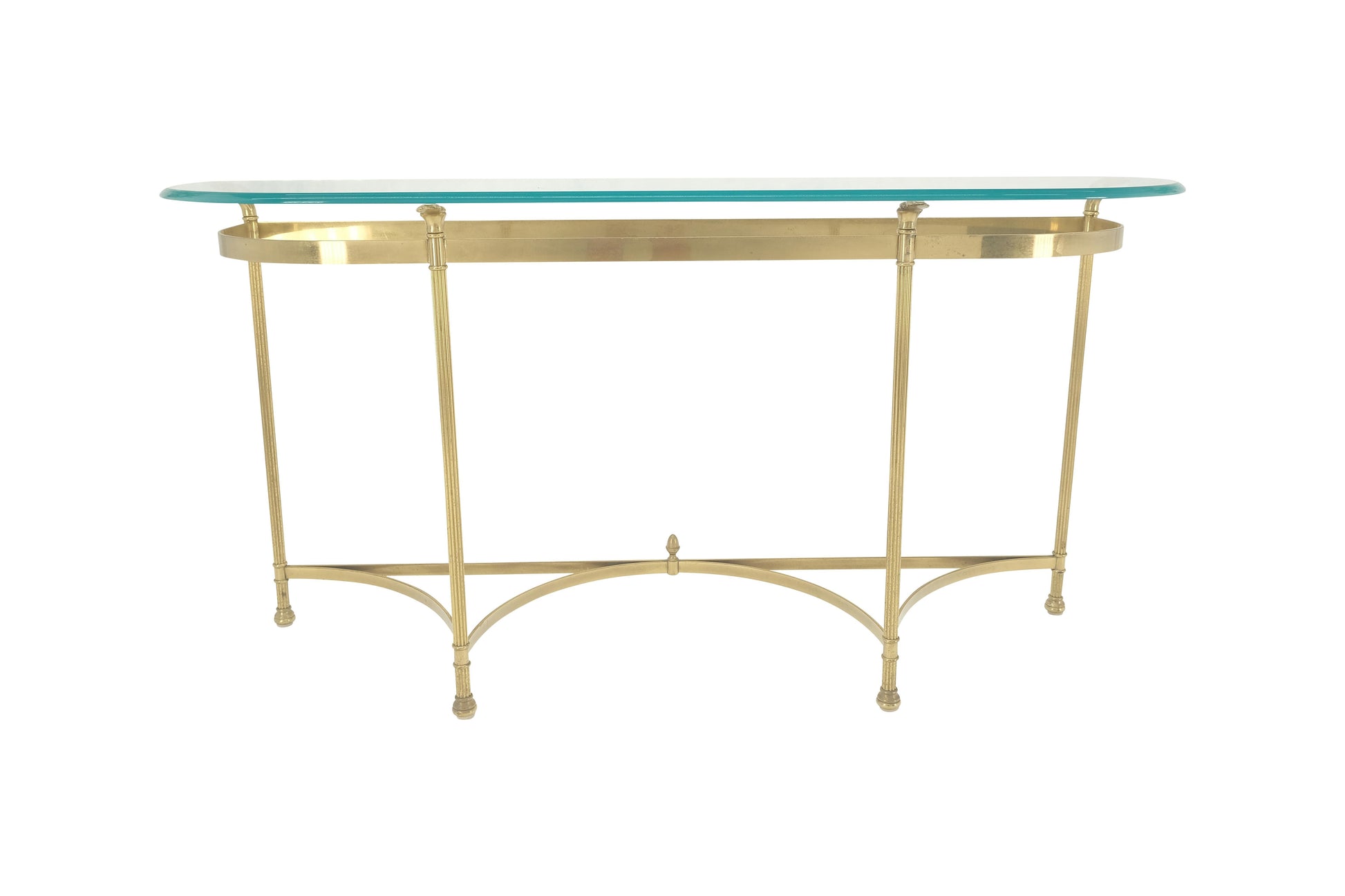 EstablishedLines Italian Modern Solid Brass Base Demi Lune Shape Glass Top Console Sofa Table