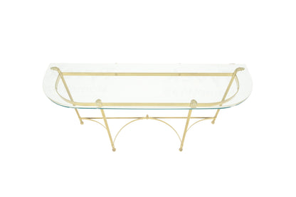 EstablishedLines Italian Modern Solid Brass Base Demi Lune Shape Glass Top Console Sofa Table