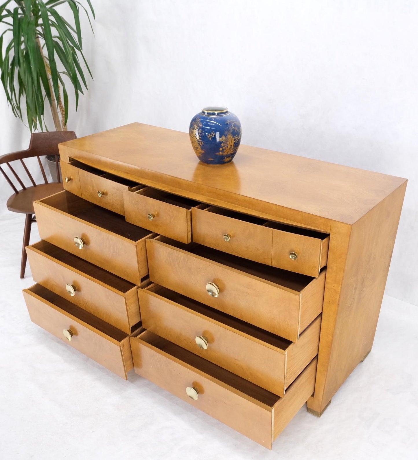 EstablishedLines 9 Drawers Art Deco Mid-Century Modern Burl Wood Bow Front Dresser Brass Pulls