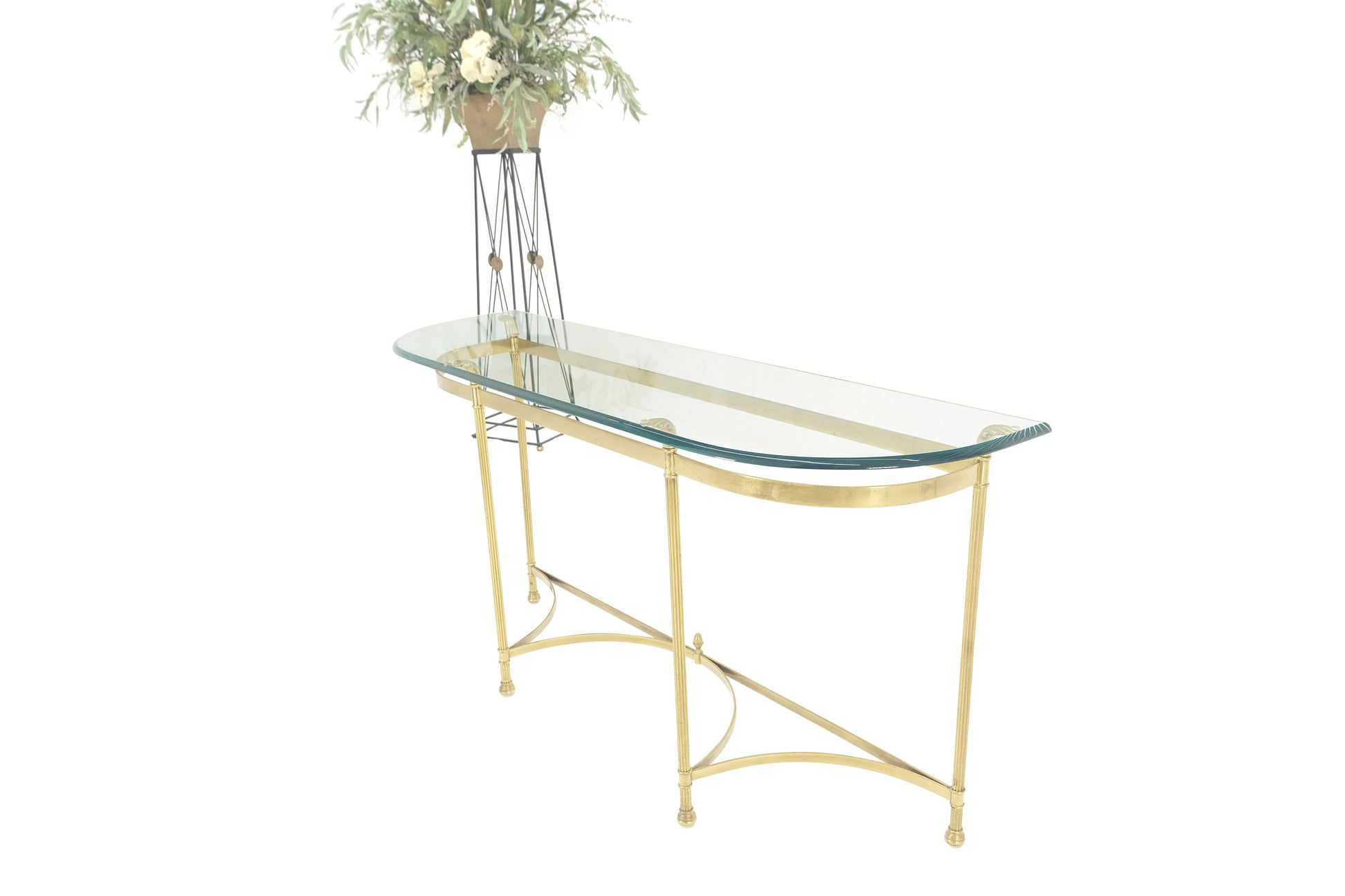 EstablishedLines Italian Modern Solid Brass Base Demi Lune Shape Glass Top Console Sofa Table