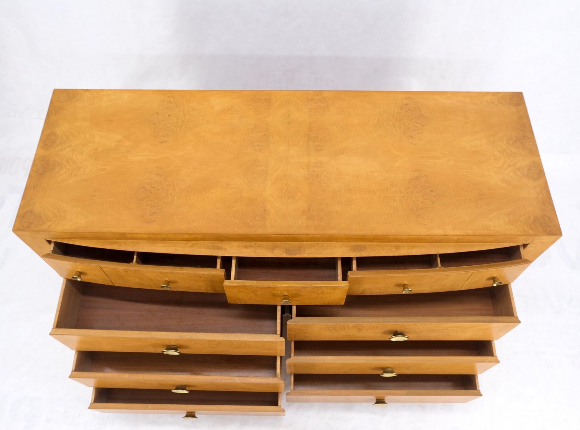 EstablishedLines 9 Drawers Art Deco Mid-Century Modern Burl Wood Bow Front Dresser Brass Pulls