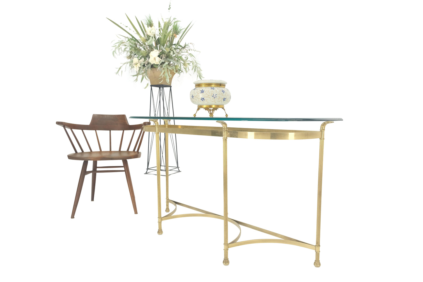 EstablishedLines Italian Modern Solid Brass Base Demi Lune Shape Glass Top Console Sofa Table