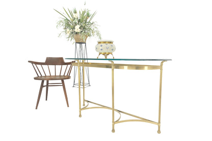 EstablishedLines Italian Modern Solid Brass Base Demi Lune Shape Glass Top Console Sofa Table