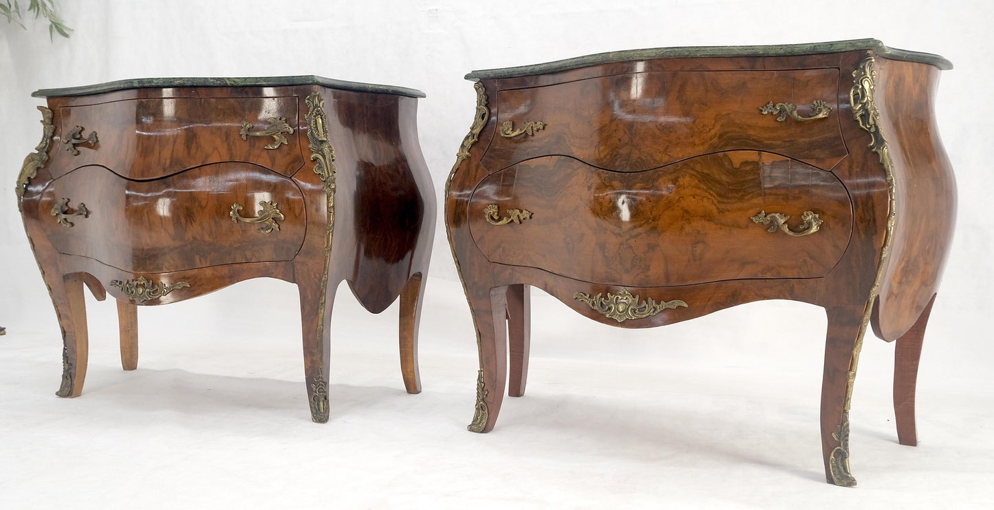 EstablishedLines Pair of 41" Wide Green Marble Top Louis V Bombay French Burl Dressers Commodes