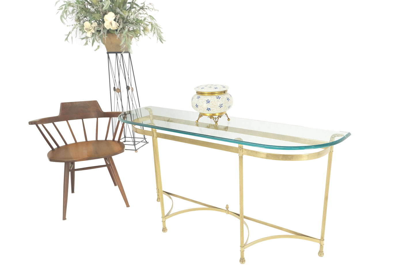 EstablishedLines Italian Modern Solid Brass Base Demi Lune Shape Glass Top Console Sofa Table