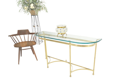 EstablishedLines Italian Modern Solid Brass Base Demi Lune Shape Glass Top Console Sofa Table