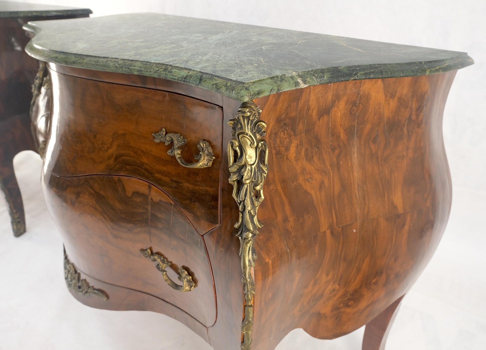 EstablishedLines Pair of 41" Wide Green Marble Top Louis V Bombay French Burl Dressers Commodes