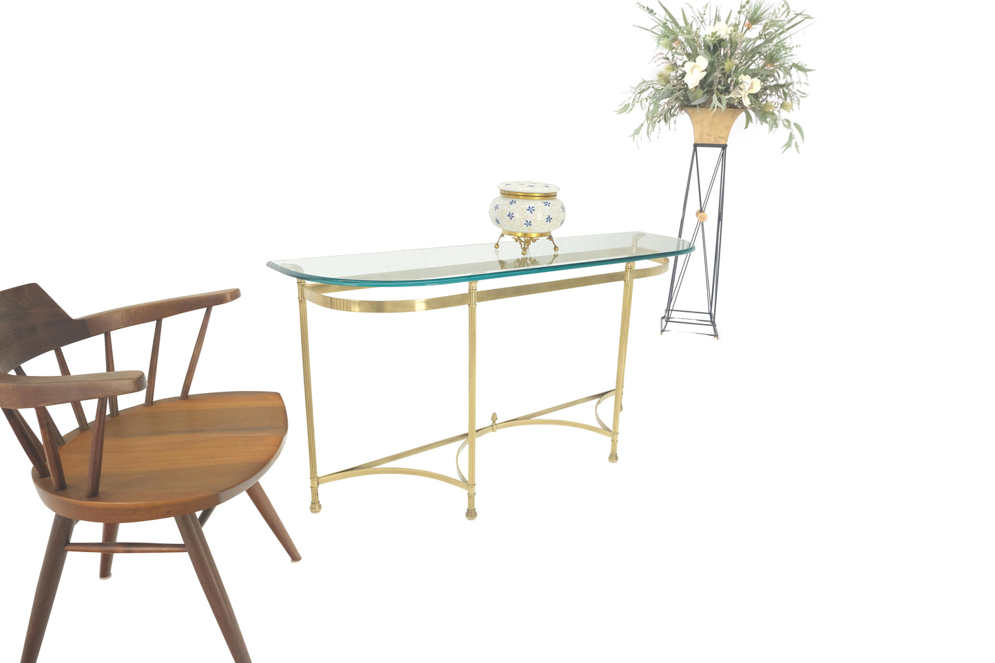 EstablishedLines Italian Modern Solid Brass Base Demi Lune Shape Glass Top Console Sofa Table