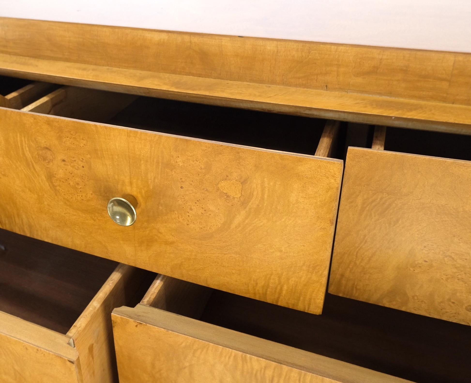 EstablishedLines 9 Drawers Art Deco Mid-Century Modern Burl Wood Bow Front Dresser Brass Pulls