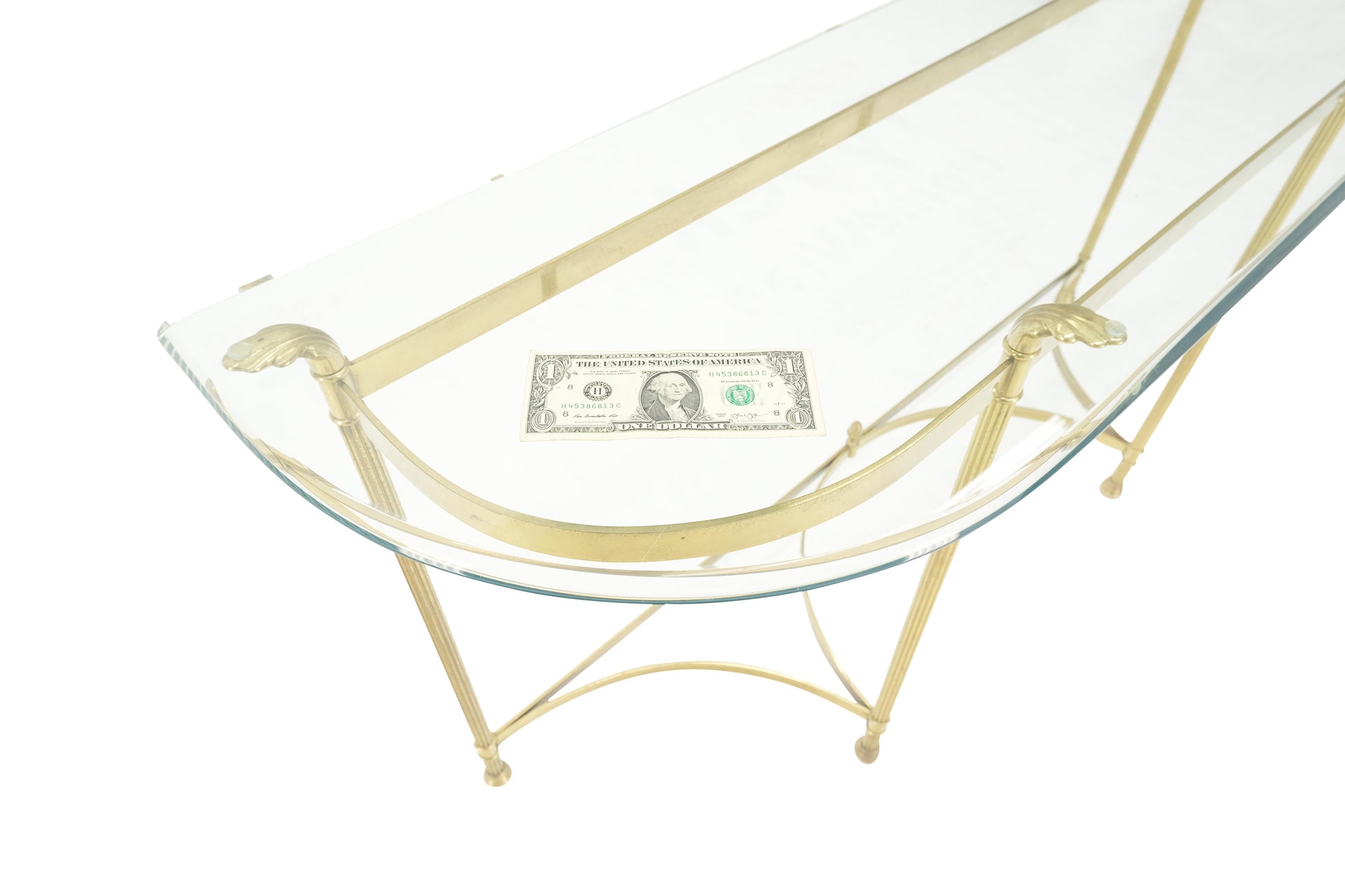 EstablishedLines Italian Modern Solid Brass Base Demi Lune Shape Glass Top Console Sofa Table