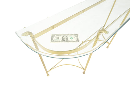 EstablishedLines Italian Modern Solid Brass Base Demi Lune Shape Glass Top Console Sofa Table