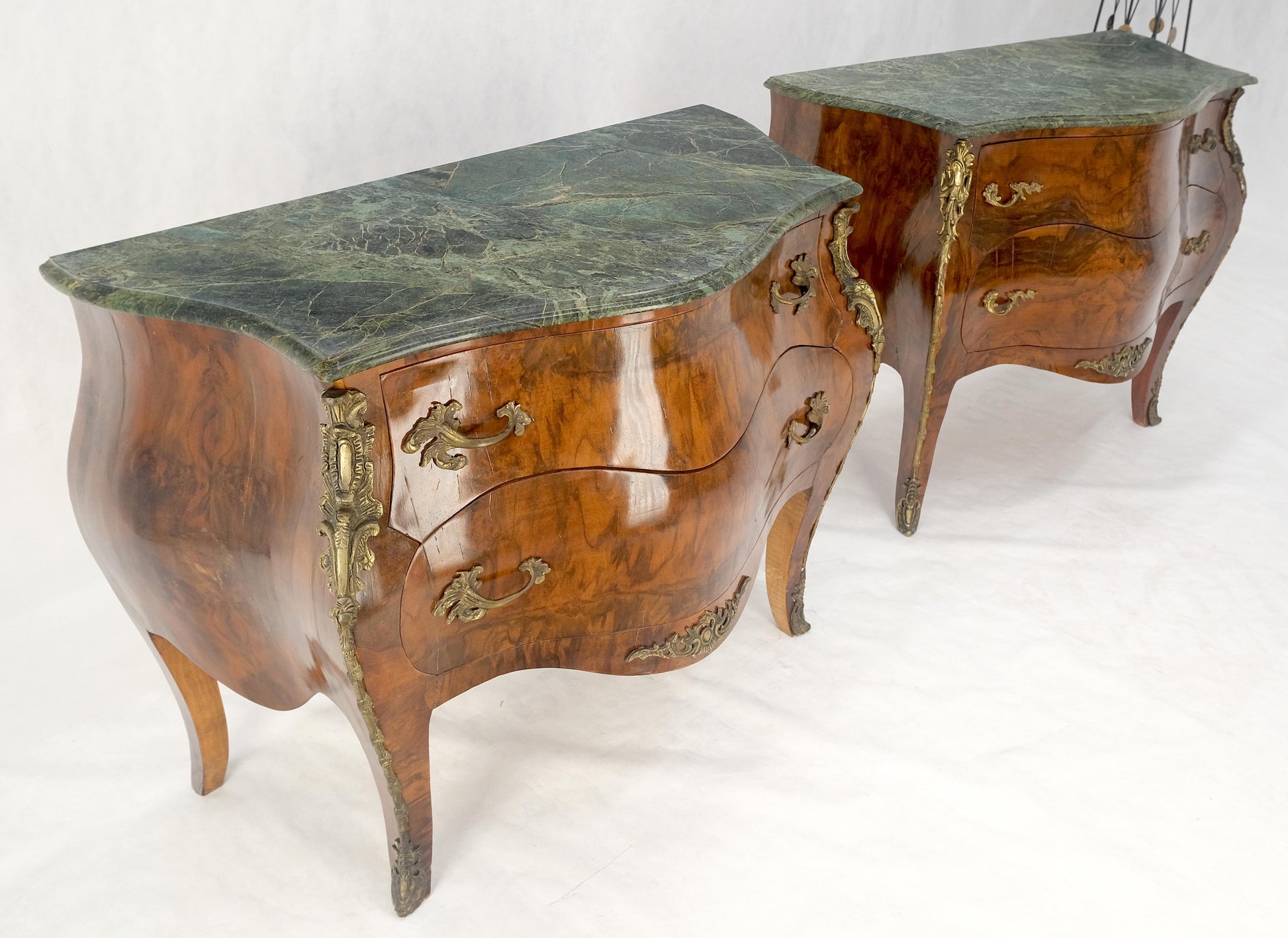 EstablishedLines Pair of 41" Wide Green Marble Top Louis V Bombay French Burl Dressers Commodes