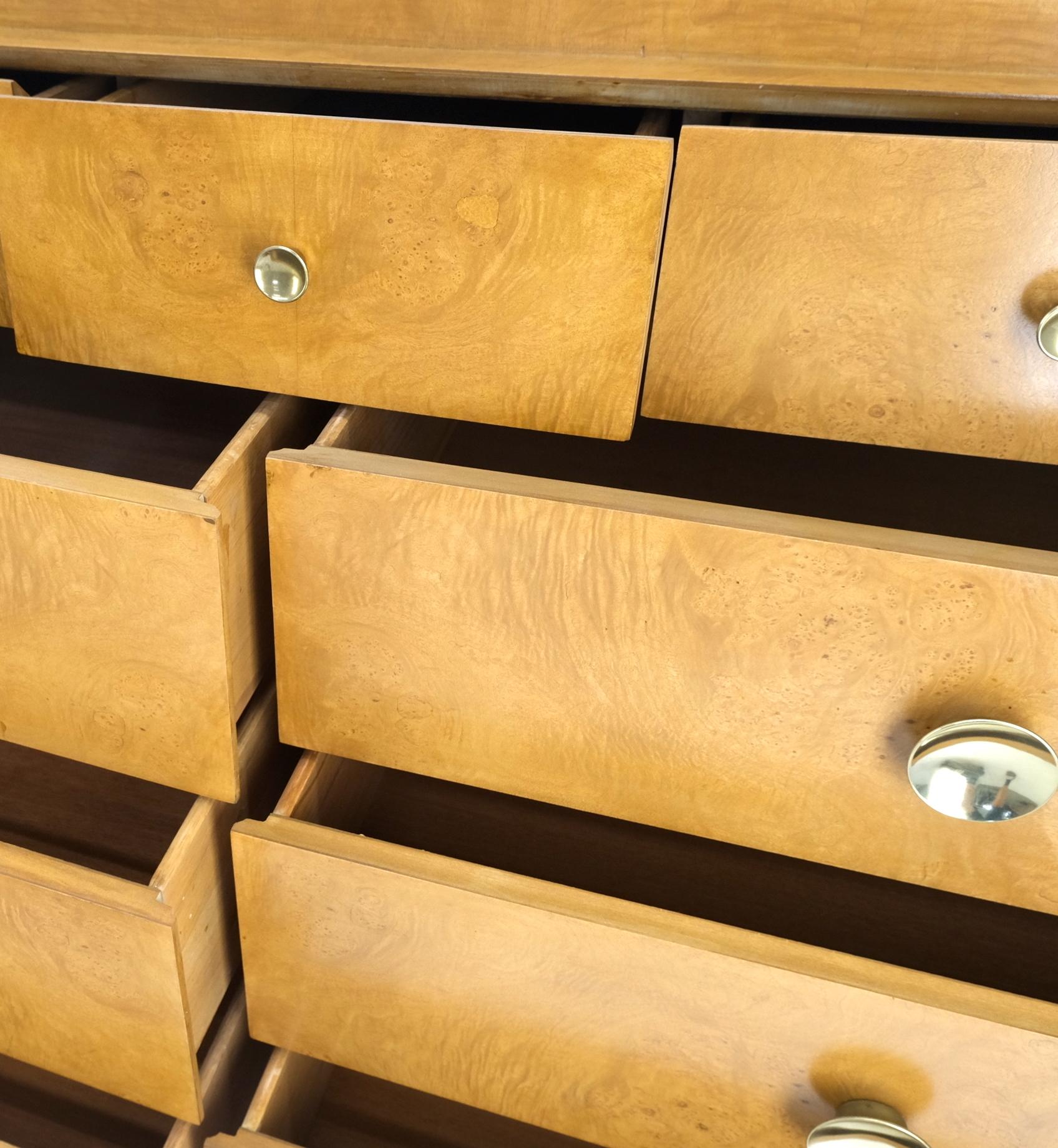 EstablishedLines 9 Drawers Art Deco Mid-Century Modern Burl Wood Bow Front Dresser Brass Pulls