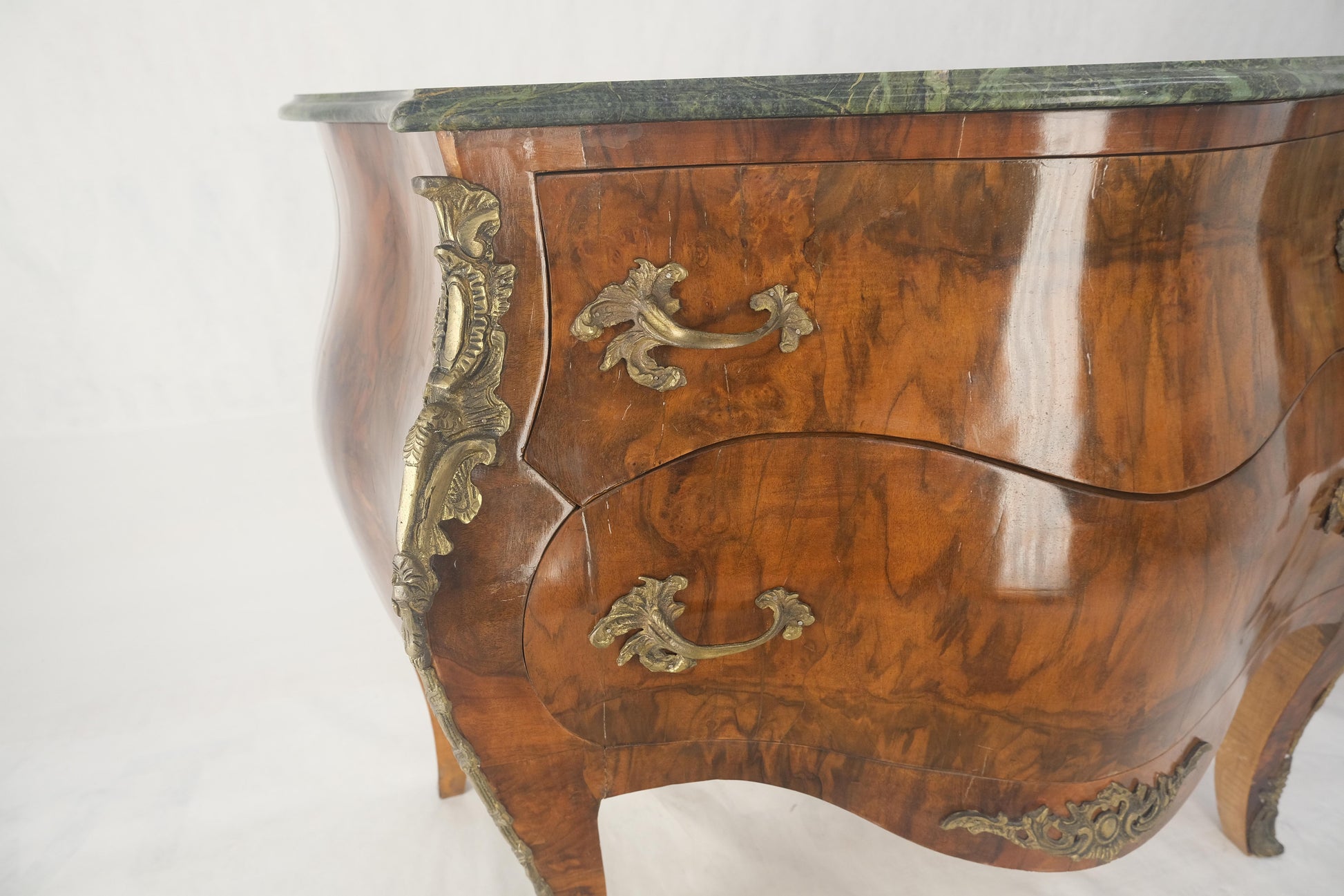 EstablishedLines Pair of 41" Wide Green Marble Top Louis V Bombay French Burl Dressers Commodes