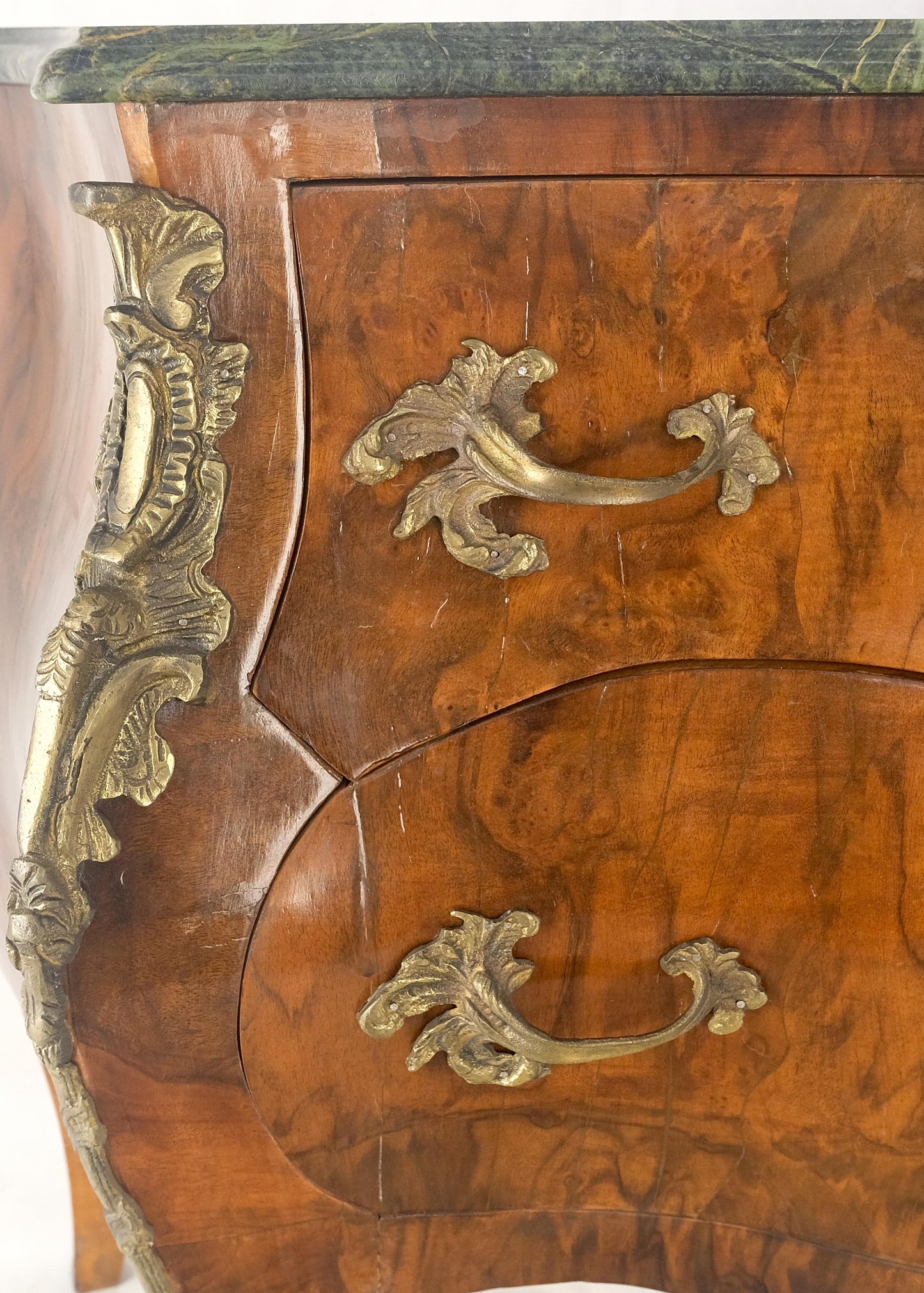 EstablishedLines Pair of 41" Wide Green Marble Top Louis V Bombay French Burl Dressers Commodes